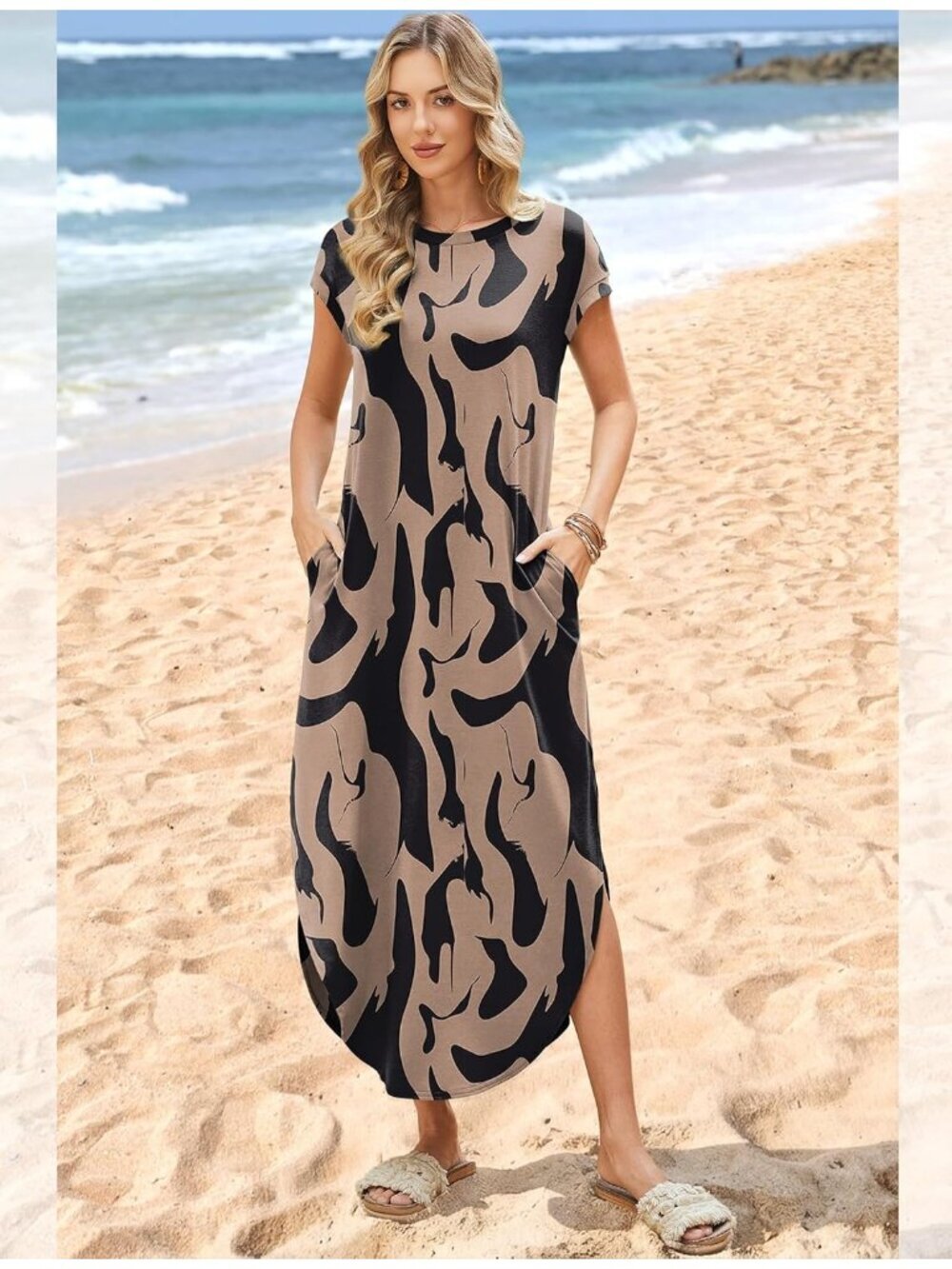 〽️Women's Floral Brown Cap Sleeve Crewneck Casual Long Summer Pull On Maxi Dress